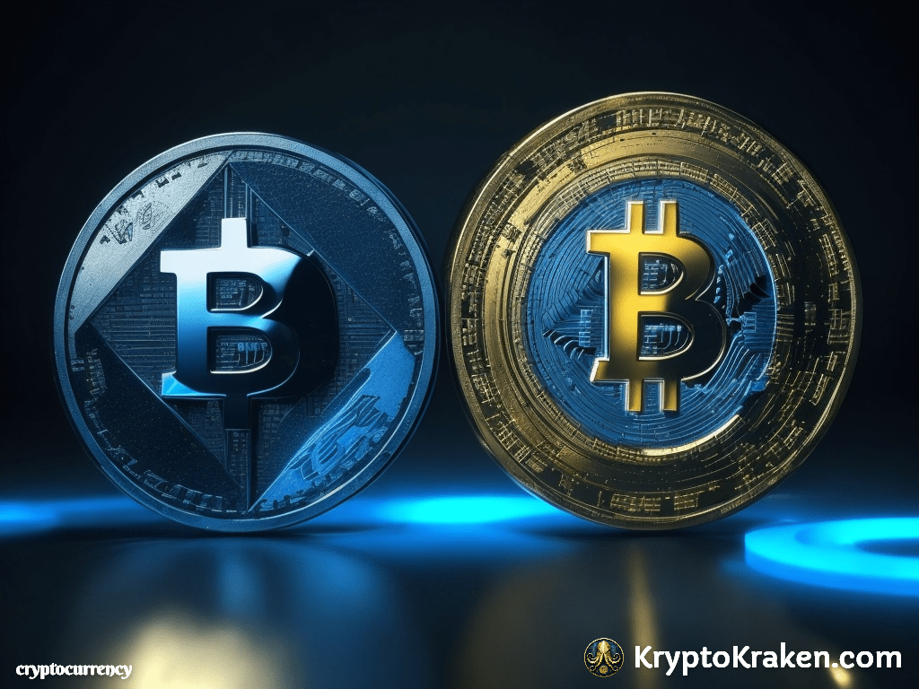 image of coin on the left bitcoin on the right. represents cryptocurrency vs blockchain understanding the differences