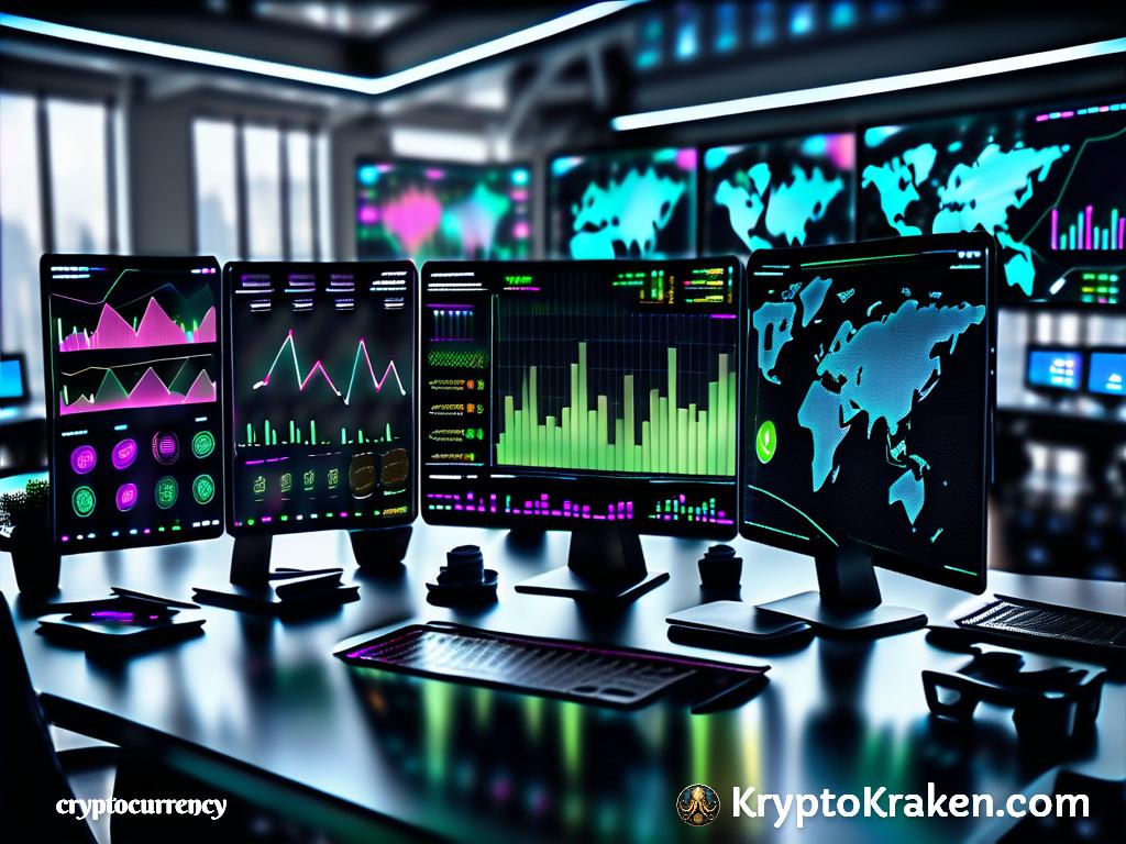 numerous computer screens represents cryptocurrencg trading platforms