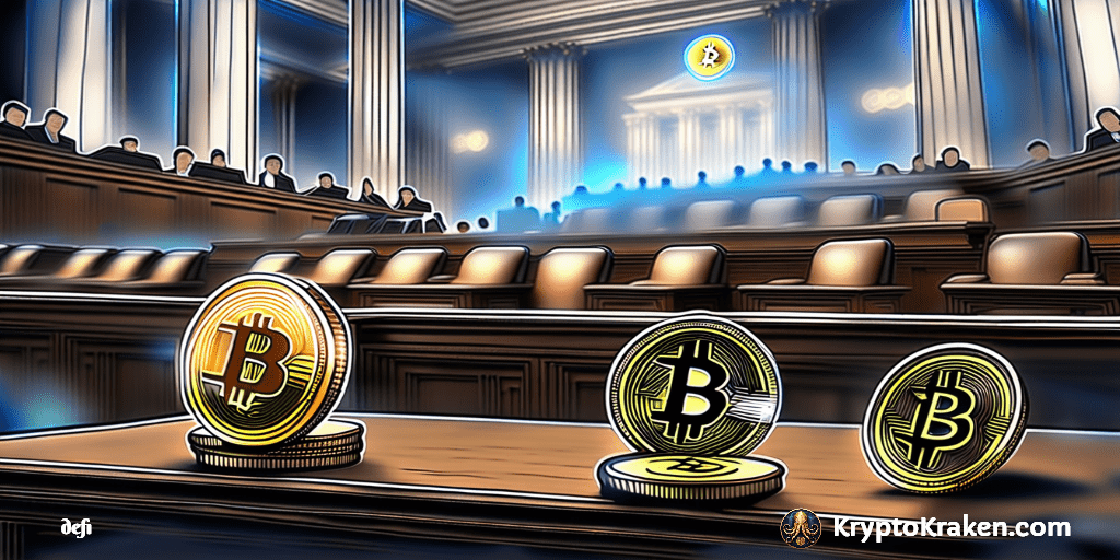 courtroom with cryptocurrency in defense represents the challenges and risks in defi