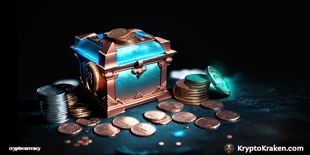 A digital representation of a treasure chest, bathed in soft light, brimming with intricately designed cryptocurrency coins, all set against a backdrop of interconnected blockchain blocks in deep shades of blue