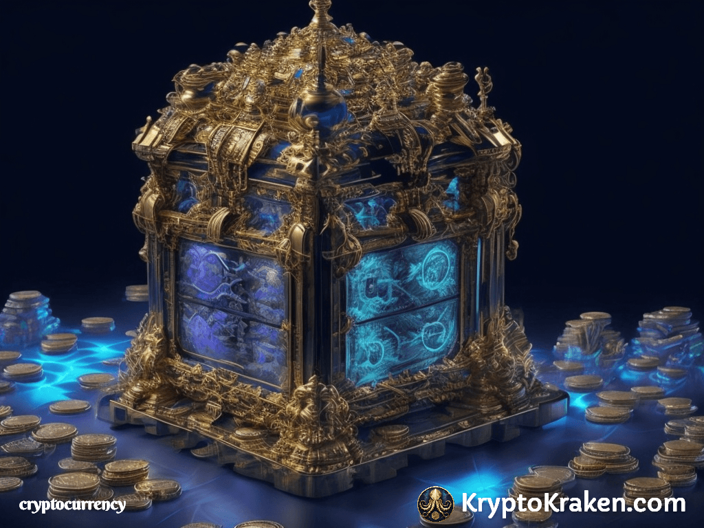 A digital representation of a treasure chest, bathed in soft light, brimming with intricately designed cryptocurrency coins, all set against a backdrop of interconnected blockchain blocks in deep shades of blue