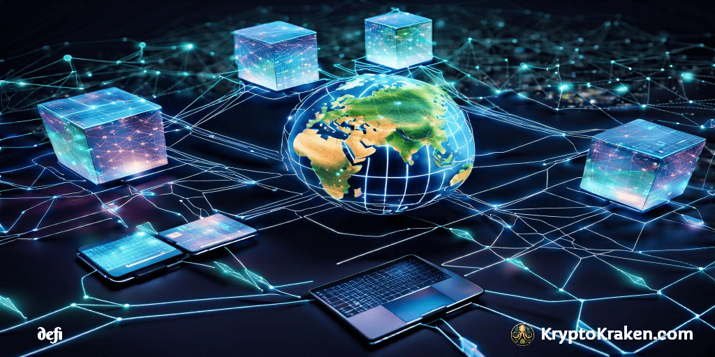 a computer and a globe with many squares and lines represents decentralized exchanges (dexs)