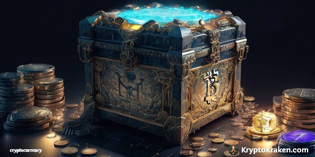  A luminous digital chest, filled to the brim with coins adorned with cryptocurrency symbols, resting on a foundation of interconnected blockchain blocks, enveloped in deep blue hues.