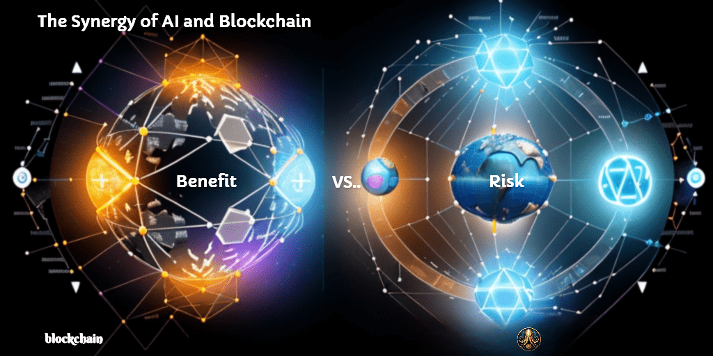 2 earths represent the synergy of ai and blockchain benefits and risks