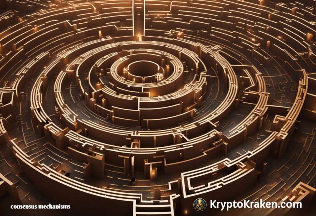 a circular maze with many mazes inside represents how proof of stake works