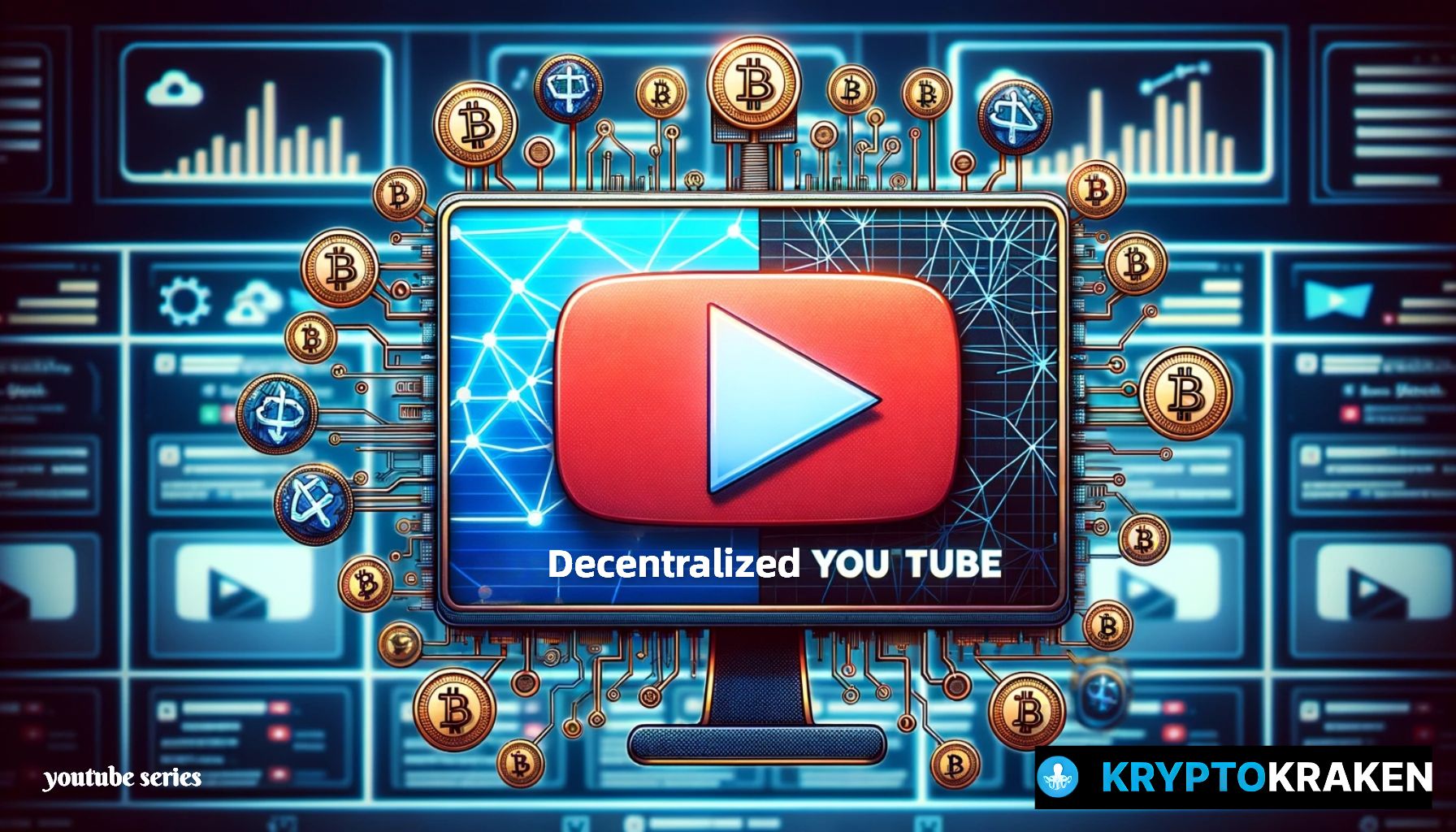 Decentralized YouTube with crypto symbols and tech interfaces.