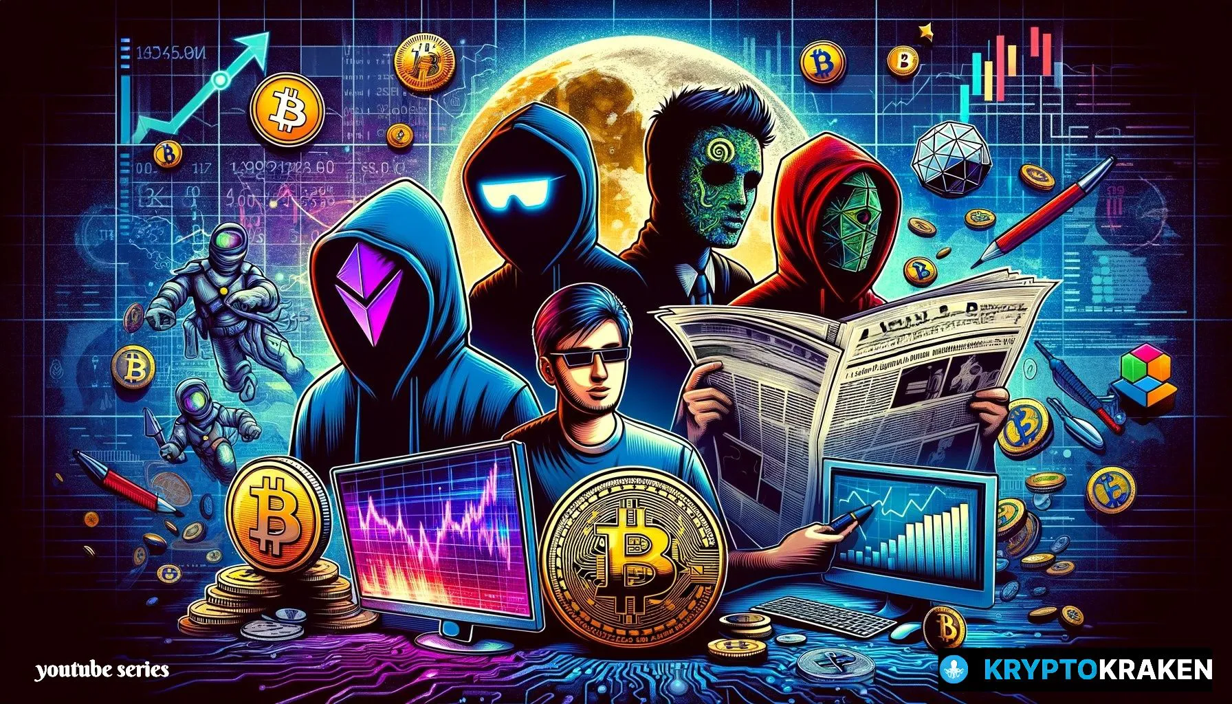 Digital collage of top 5 Cryptocurrency YouTubers with unique icons for each channel set against a crypto-themed backdrop.