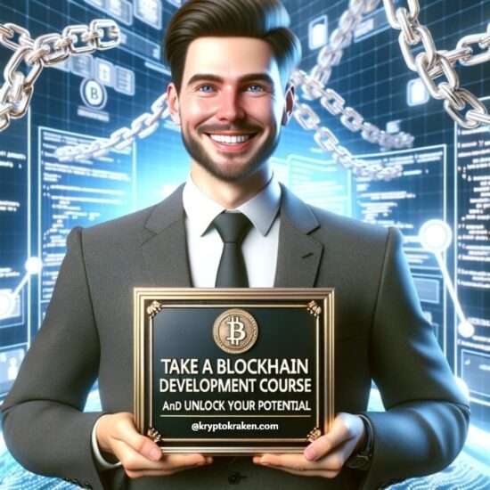 "Man in professional attire proudly holding a plaque promoting a blockchain development course, with a digital background featuring blockchain chains and coding snippets