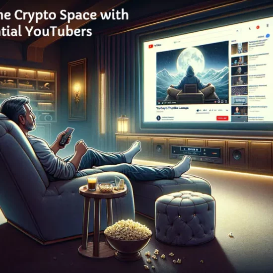 Illustration of a person lounging comfortably in an elegant living room, watching a video streaming platform on a large TV screen entitled "crypto youtuber"