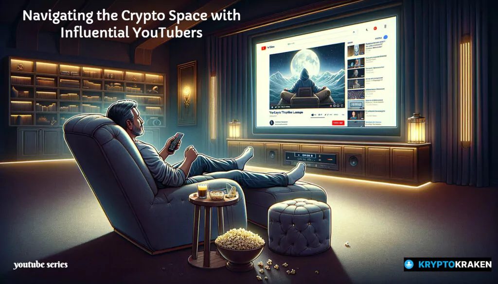 Illustration of a person lounging comfortably in an elegant living room, watching a video streaming platform on a large TV screen entitled "crypto youtuber"