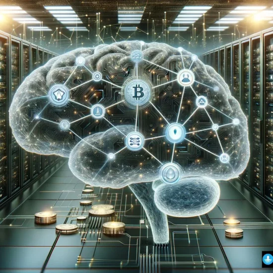 A digital neural network brain interwoven with blockchain, representing top AI crypto coins, amidst a data center.