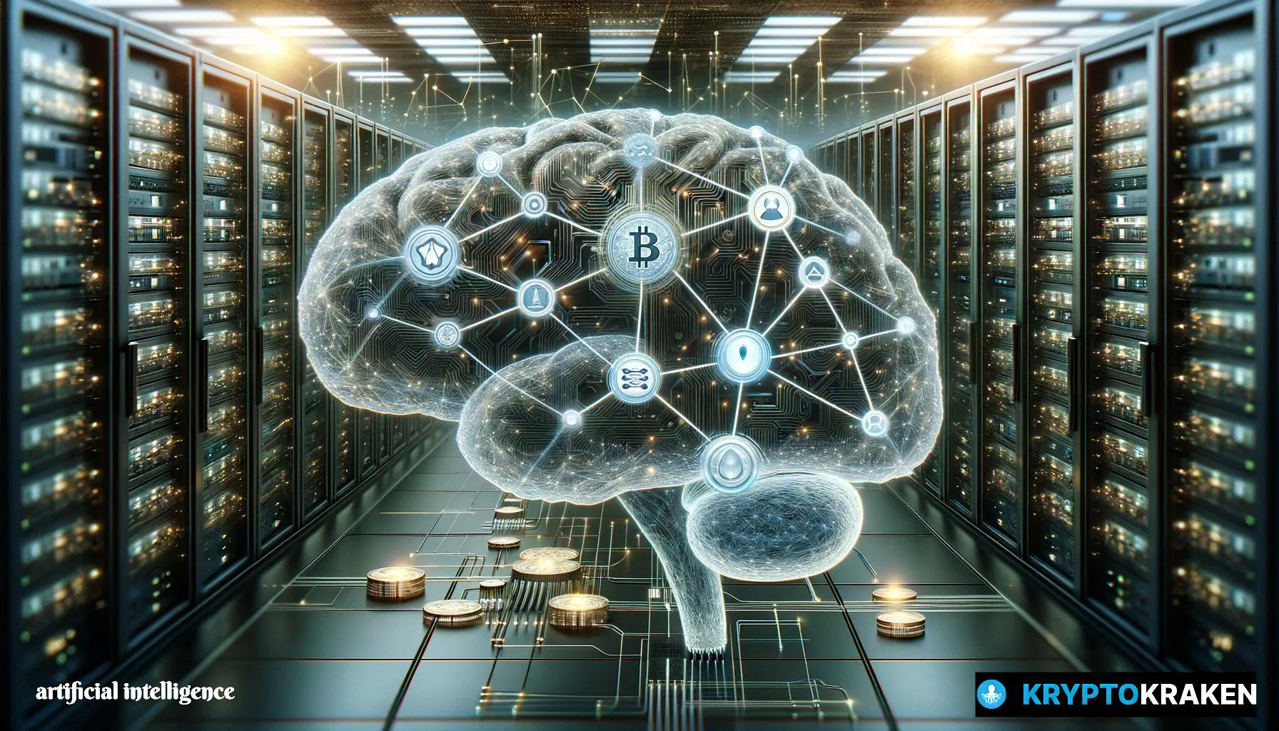 A digital neural network brain interwoven with blockchain, representing top AI crypto coins, amidst a data center.