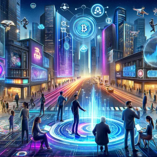 A futuristic cityscape with people discussing cryptocurrency and AI around a holographic display