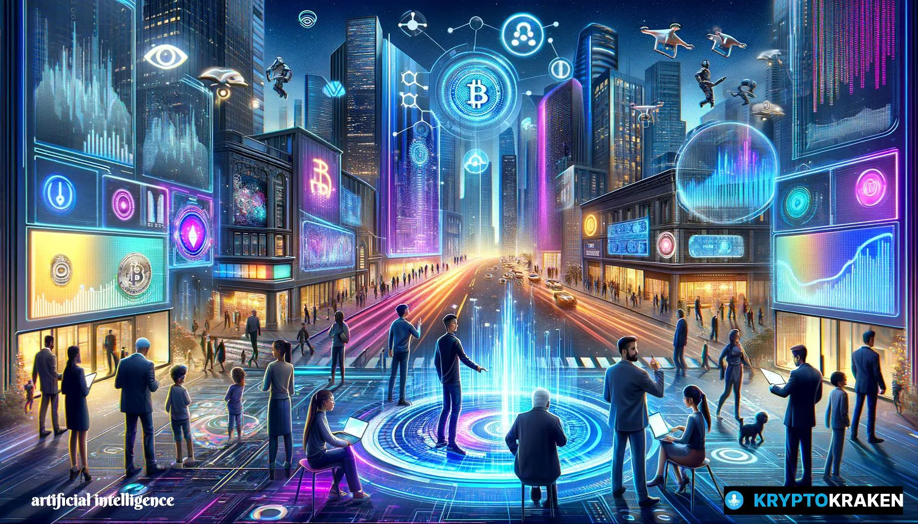 A futuristic cityscape with people discussing cryptocurrency and AI around a holographic display