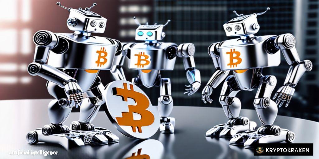 robots with bitcoin on their chest represents Ai trading in cryptocurrency