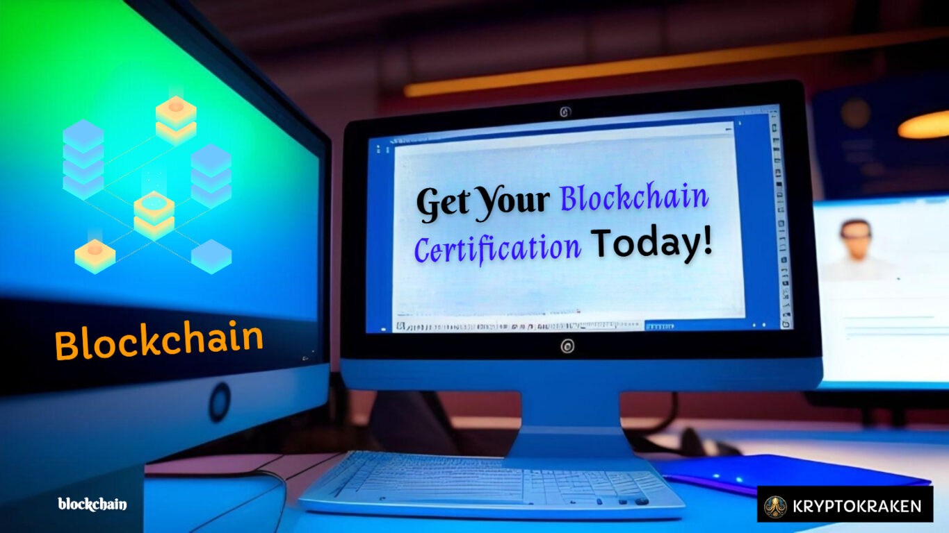 Blockchain certification course ad with computer showing certification text & blockchain visuals