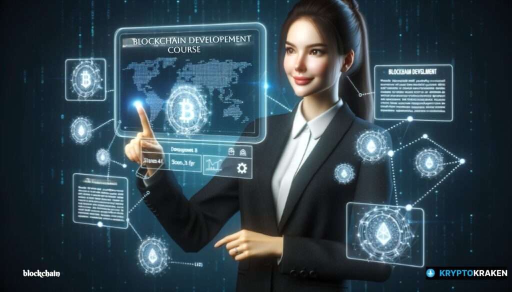 Woman interacting with holographic blockchain interface promoting a Blockchain Development Course.