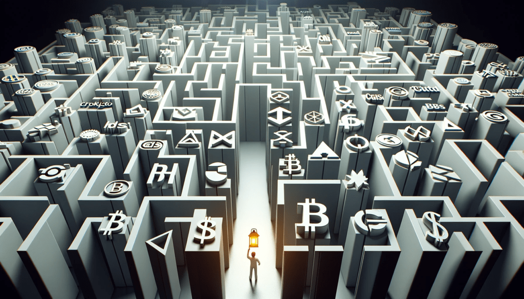 Individual with lantern at the entrance of a maze with walls bearing cryptocurrency logos.