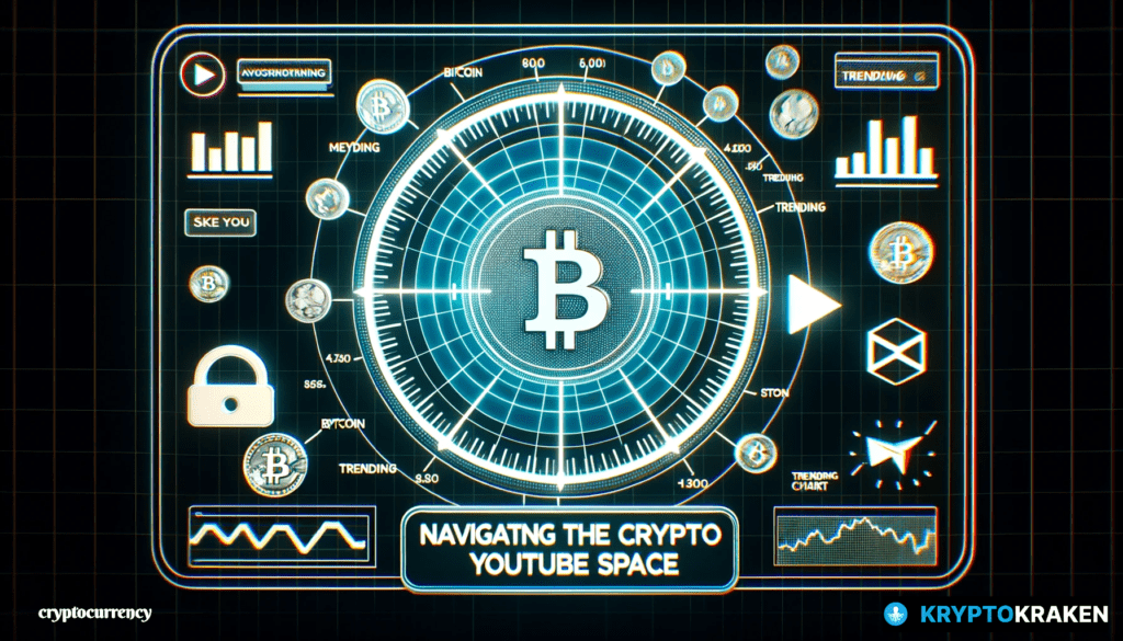 Digital radar screen showcasing crypto-related symbols with Bitcoin, play button, and trend chart on a crypto YouTube thumbnail, captioned 'Navigating the Crypto YouTube Space'.