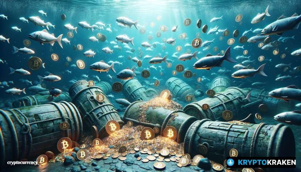 Underwater scene with fish shaped as cryptocurrency logos and glowing crypto coins among sunken treasures.