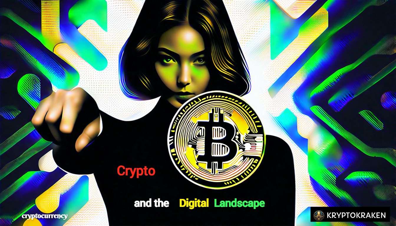 Digital art of a woman with Bitcoin emblem and vibrant abstract backgroun