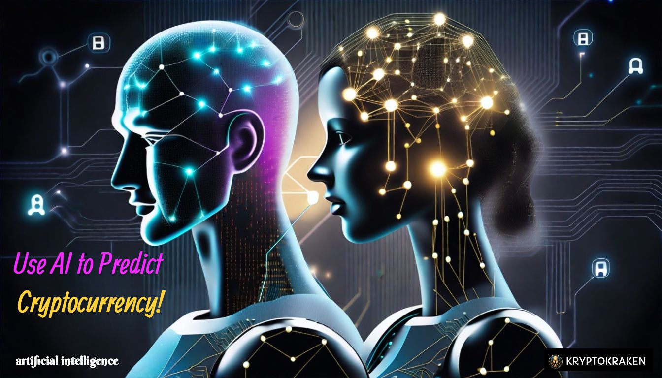 Digital artwork highlighting two AI figures studying market trends, illustrating how to use AI for cryptocurrency trading predictions with the text 'Use AI to Predict Cryptocurrency!