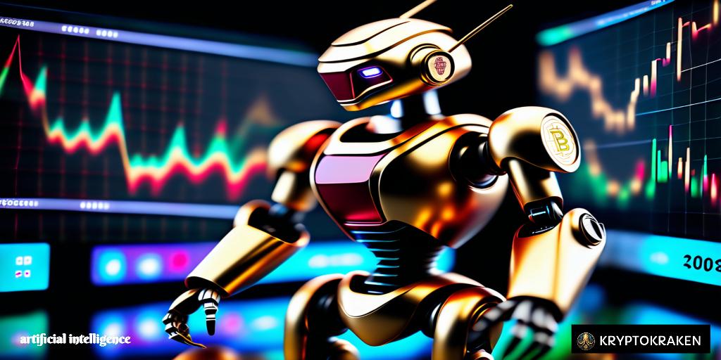 Robot analyzing cryptocurrency charts with text 'Watch: A Groundbreaking Vision Exploring AI in Blockchain & Crypto World'. Image credit: KRYPTOKRAKEN