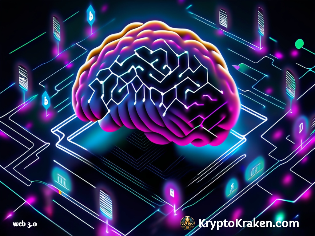 Digital illustration of a neon-lit brain connected to blockchain symbols, representing the innovations in Web 3.0 technology