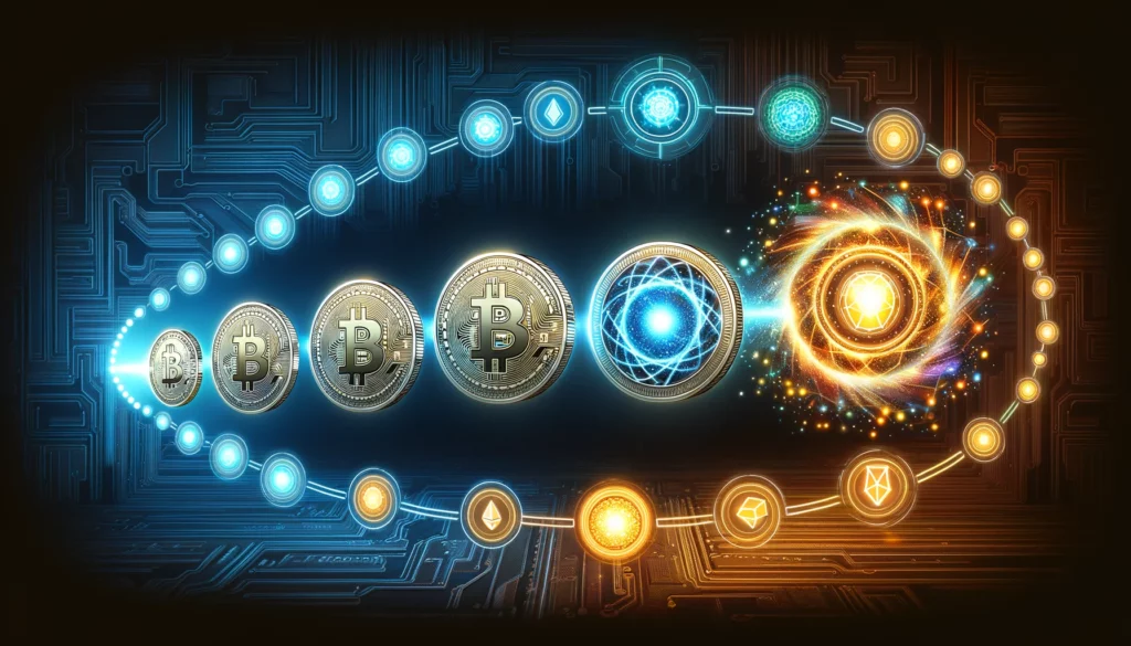 Timeline showcasing the evolution of cryptocurrencies, from simple digital coins to sophisticated AI-enhanced cryptos