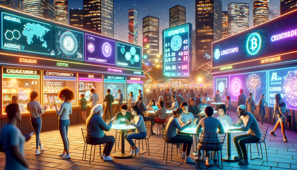 A public square with people interacting with AI-powered cryptocurrency booths