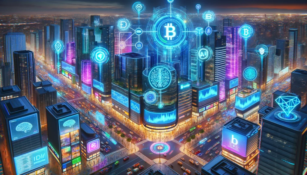 A futuristic cityscape at night showcasing the integration of cryptocurrency and AI, with digital displays and holographic projections