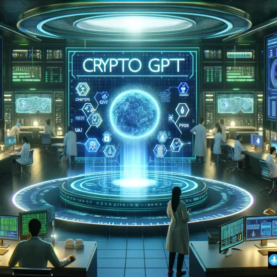 High-tech cryptocurrency analysis center with 'Crypto GPT' interface.