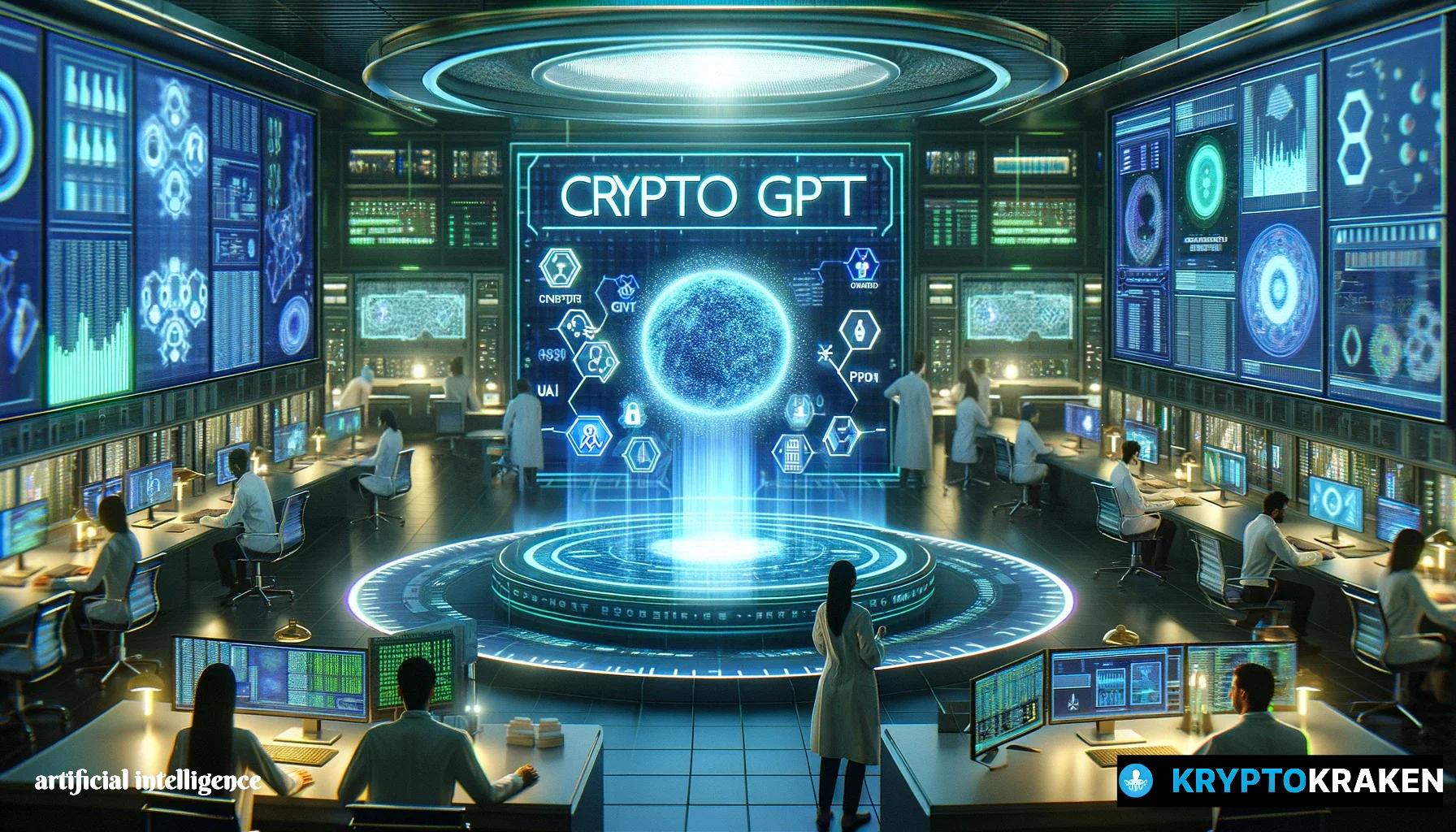 High-tech cryptocurrency analysis center with 'Crypto GPT' interface.