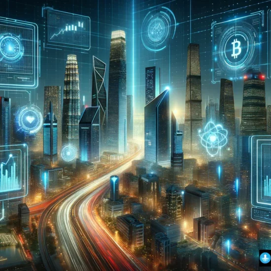 Futuristic cityscape symbolizing the integration of AI and blockchain in the digital finance world, with neon lights and holographic cryptocurrency display