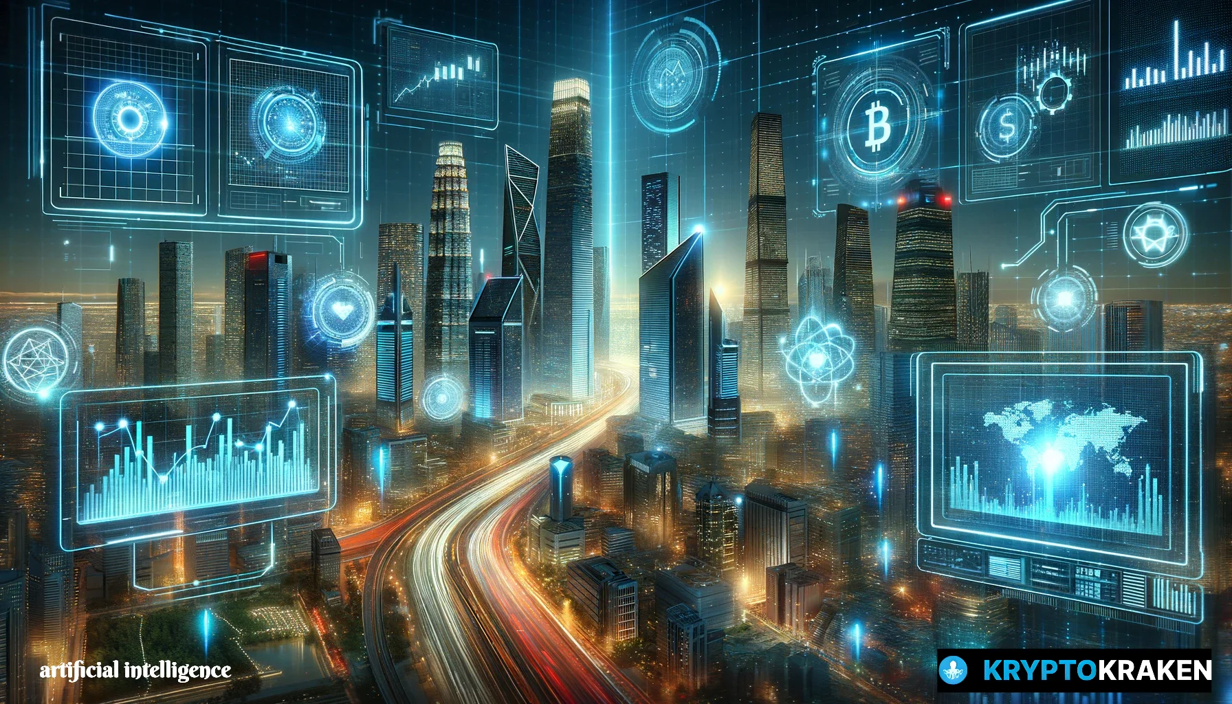 Futuristic cityscape symbolizing the integration of AI and blockchain in the digital finance world, with neon lights and holographic cryptocurrency display