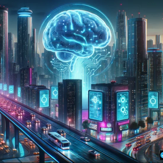 A vibrant futuristic cityscape at dusk, illuminated by neon lights with a giant holographic brain floating above skyscrapers, representing Artificial Intelligence.