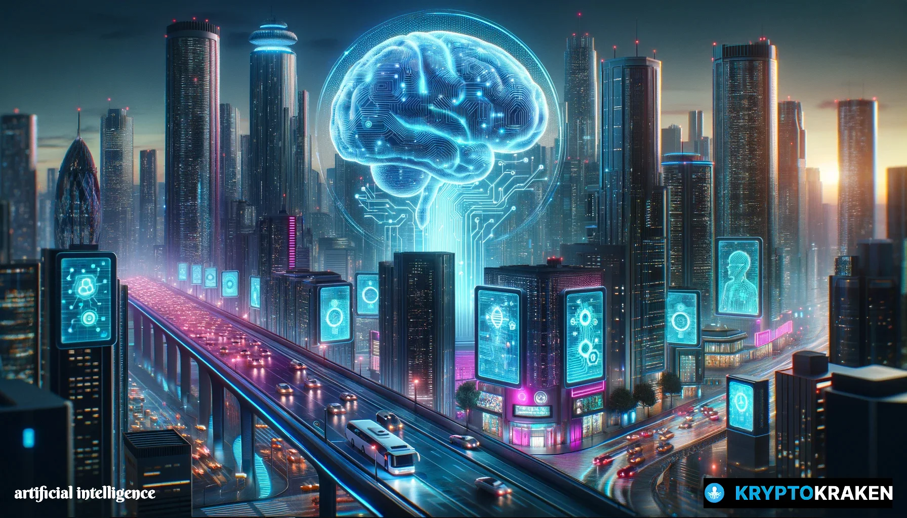 A vibrant futuristic cityscape at dusk, illuminated by neon lights with a giant holographic brain floating above skyscrapers, representing Artificial Intelligence.