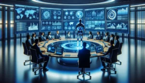 A futuristic financial analysis room with analysts and a central robot.