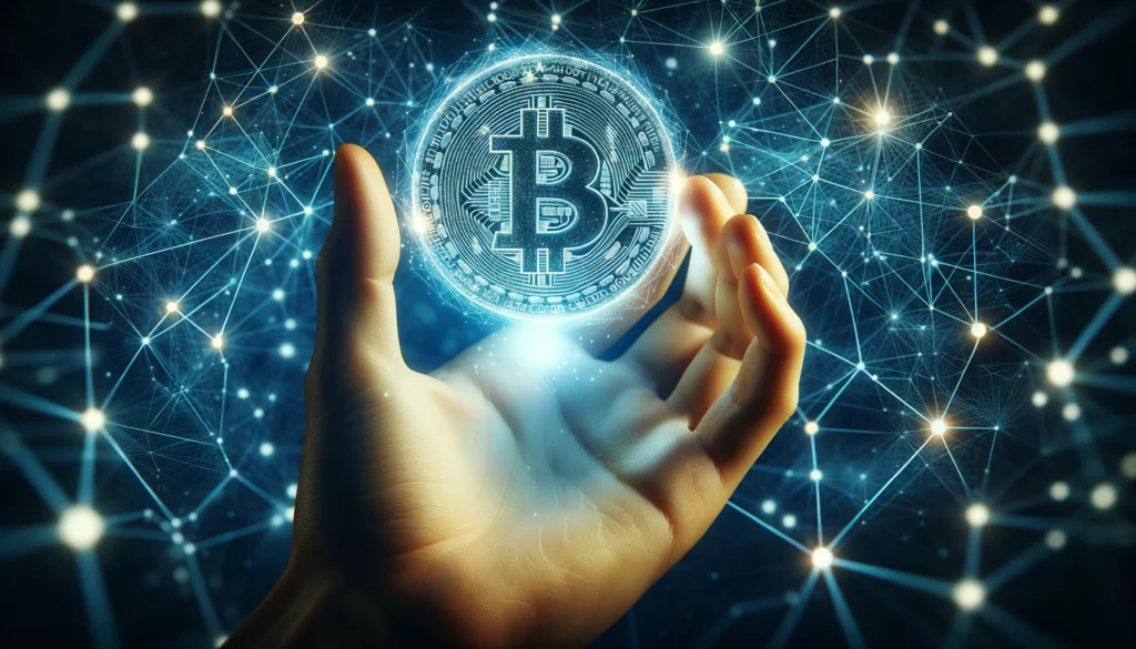 A digital hand holding a glowing cryptocurrency coin with Bitcoin's symbol, set against a backdrop of interconnected blockchain nodes emitting a soft blue light.