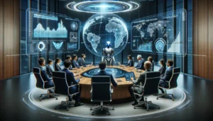 Executives in a boardroom with a robot presenting financial data.