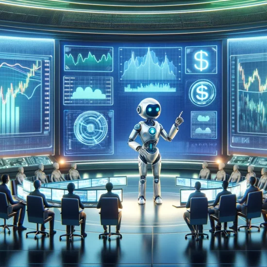 A futuristic command center with holographic screens showing stock market data, a humanoid robot explaining to diverse beginners about AI trading, illuminated by soft blue and green lights.