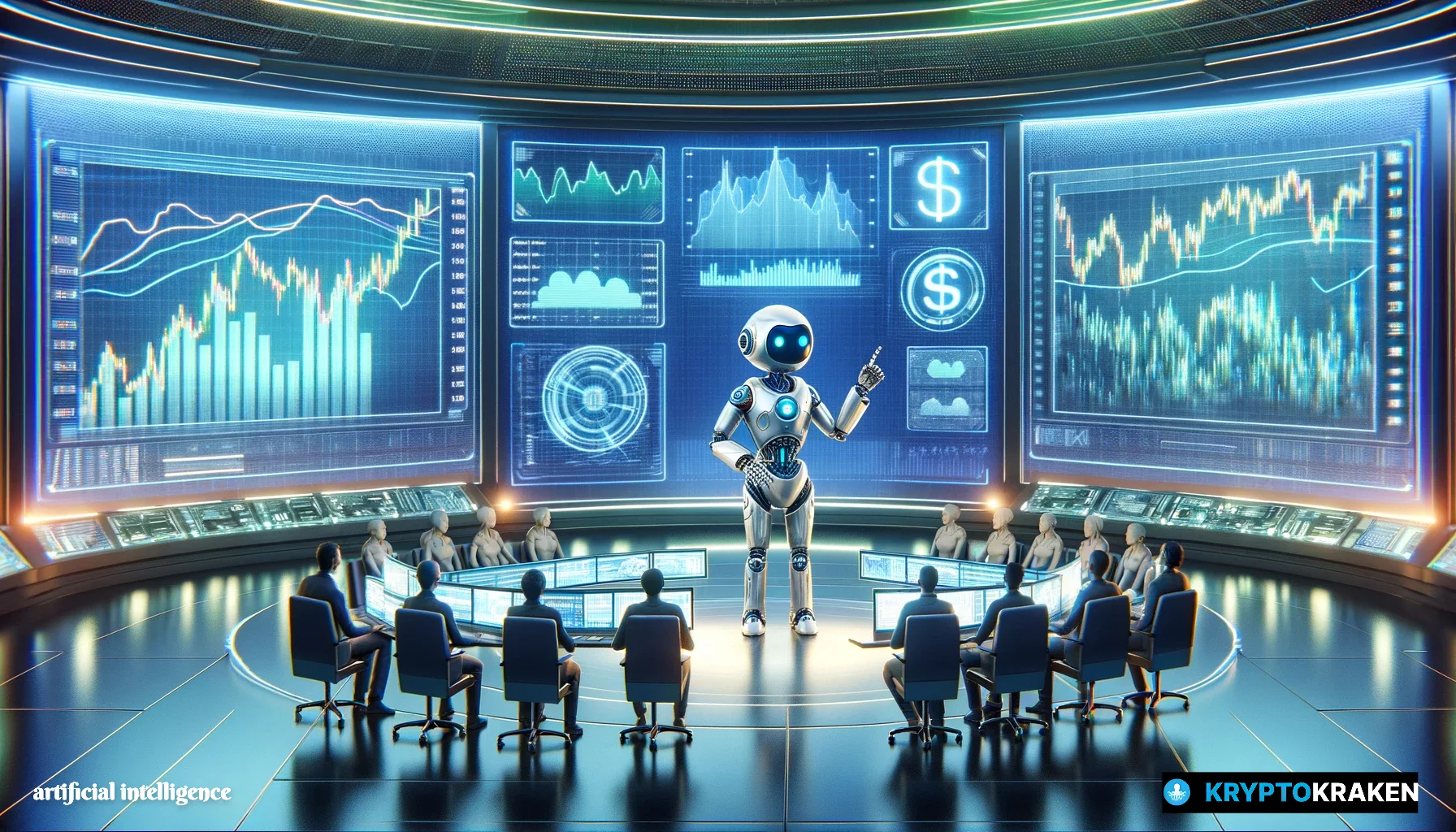 A futuristic command center with holographic screens showing stock market data, a humanoid robot explaining to diverse beginners about AI trading, illuminated by soft blue and green lights.