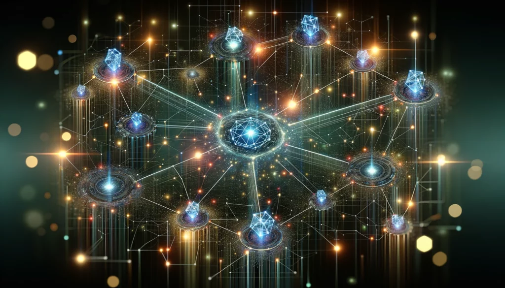 Network of interconnected nodes and digital pathways, representing the diverse functionalities of the AI crypto ecosystem