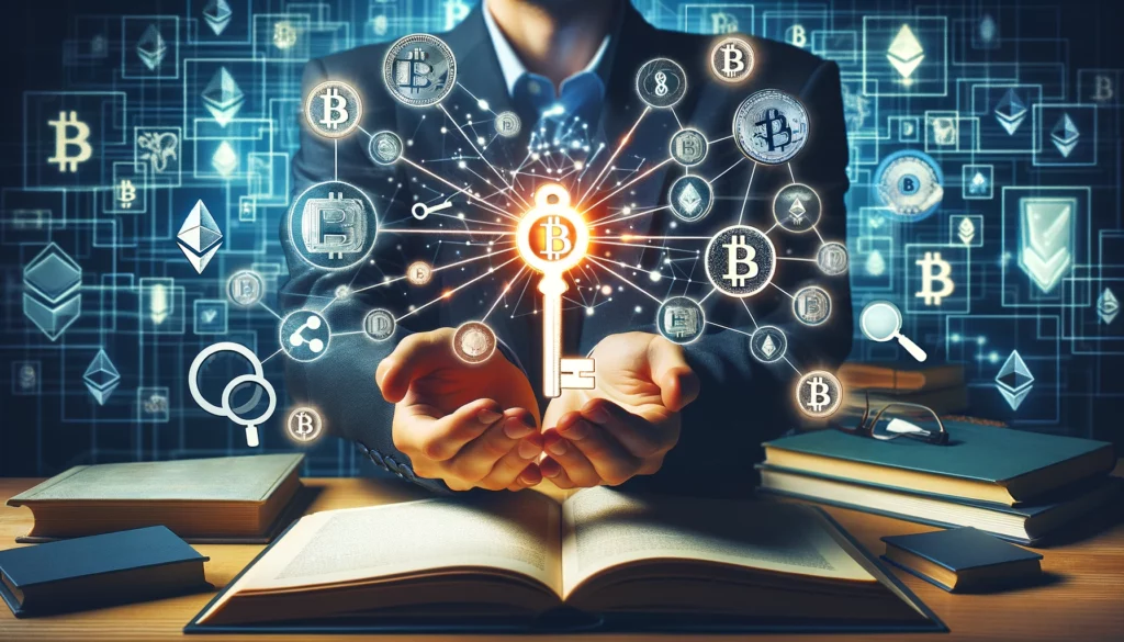 Person holding a glowing digital key with a backdrop of cryptocurrency symbols and educational icons.