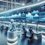 Stock traders and a robot analyze data on a modern trading floor.