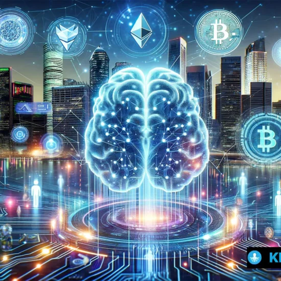 A futuristic depiction of "Crypto AI," showcasing a holographic AI brain and cryptocurrency displays against a neon-lit cityscape.