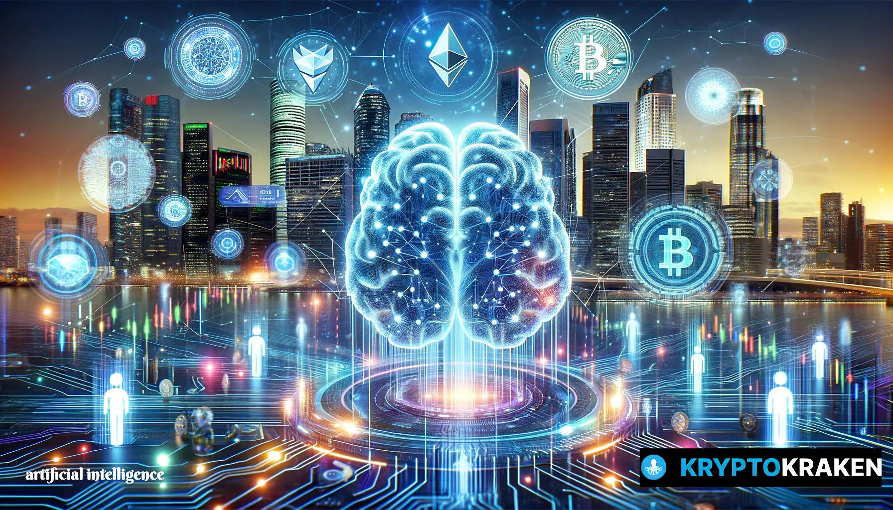 A futuristic depiction of "Crypto AI," showcasing a holographic AI brain and cryptocurrency displays against a neon-lit cityscape.