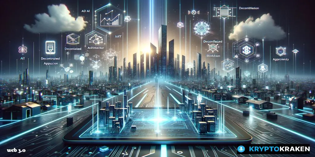 Digital illustration of a smart tablet with a transparent, holographic interface displaying 3D graphs and decentralized application icons, set against a backdrop of a cityscape with interconnected digital buildings under a sky illuminated by code rain