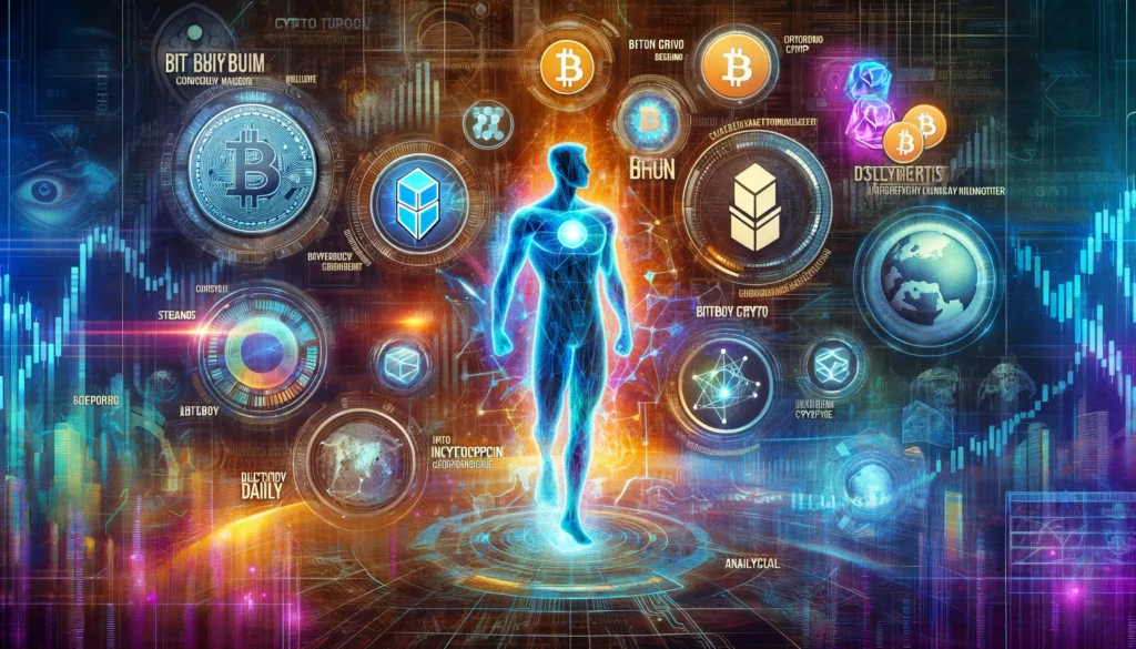 Artistic digital collage with holographic and dynamic figures representing top cryptocurrency influencers, set against a backdrop of blockchain and currency symbols.