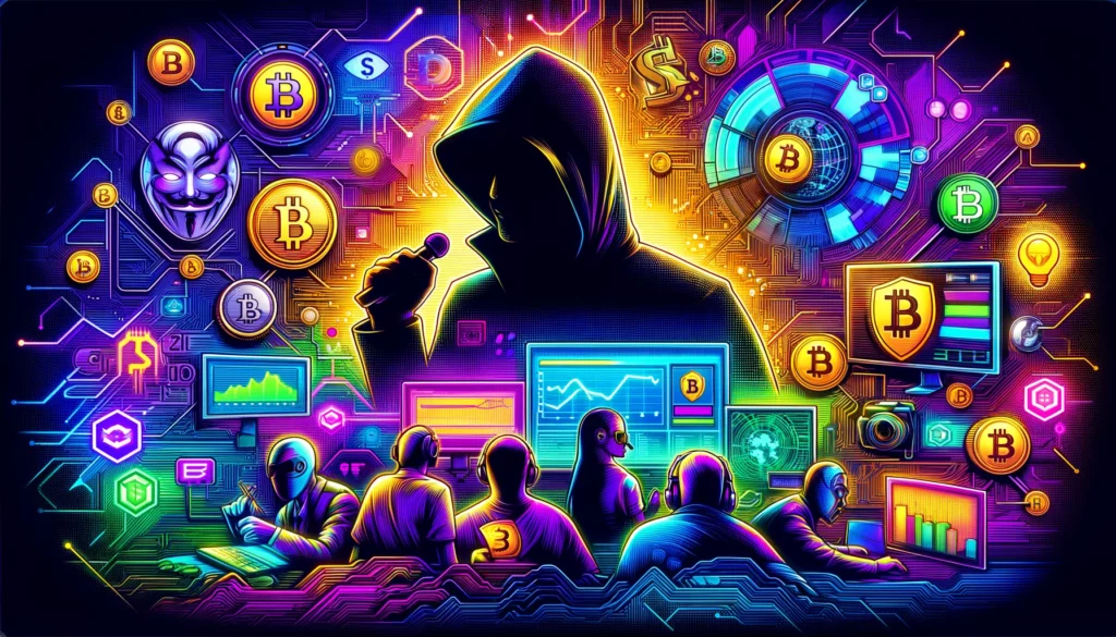 A neon-lit digital tapestry showcasing shadowy avatars and animated personas of cryptocurrency influencers amidst blockchain and crypto icons